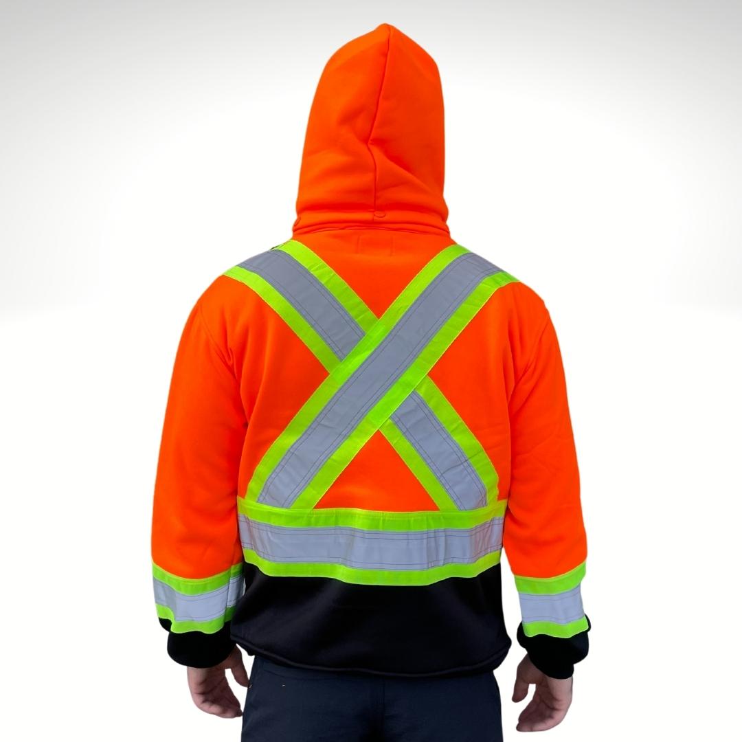 Men's Hi-Vis Hoodie. Hi-Vis Hoodie is bright orange and black with reflective striping in an X on back for hi-vis compliance. Men's Hi-Vis Hoodie has a detachable hood. Hi-Vis Hoodie is made with polyester for fluorescent color.