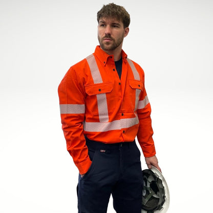 MWG COMFORT WEAVE Men's FR Shirt. Men's fire-resistant shirt is bright orange with black buttons and hi-vis reflective striping. Men's FR Shirt has two chest pockets and a dress shirt collar. Fire-resistant shirt is made with inherently fire-resistant fabric. FR Shirt is CAT 2 FR.