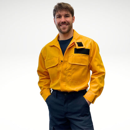 Men's FR Shirt. Bright yellow with black buttons and velcro. Made for wildland forest firefighting.