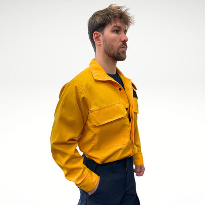 Men's FR Shirt. Bright yellow with black buttons and velcro. Made for wildland forest firefighting.