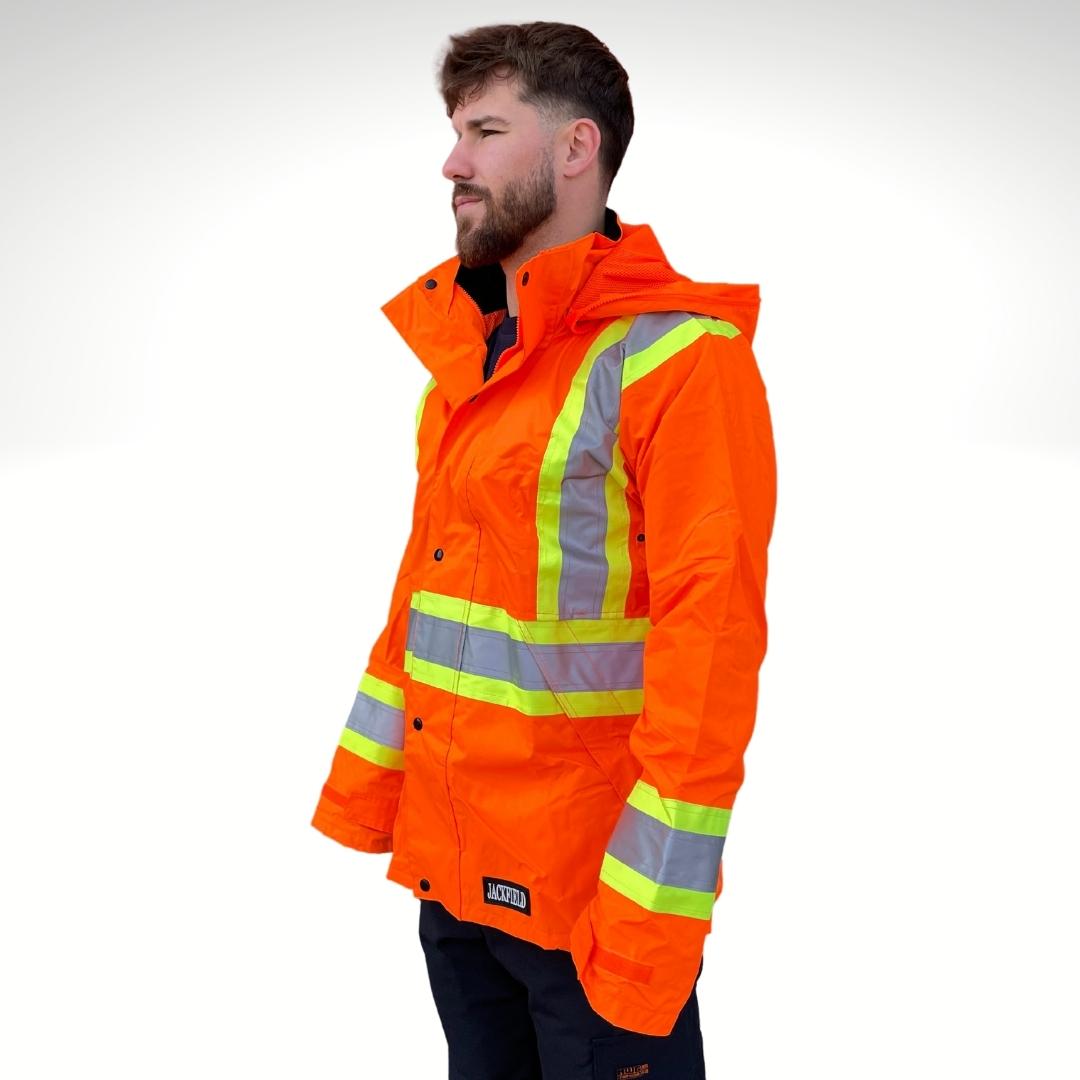 Men's Hi-Vis Rain Jacket. Hi-Vis Rain Jacket is bright orange with yellow/silver/yellow striping for high-visibility. Hi-Vis Rain Jacket has a detachable hood.