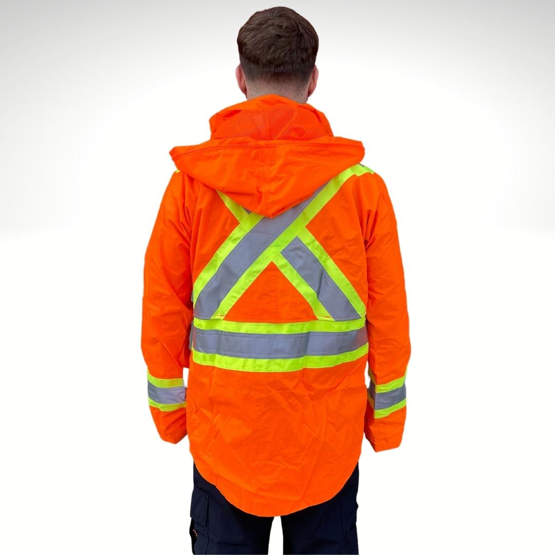 Men's Hi-Vis Rain Jacket. Hi-Vis Rain Jacket is fluorescent orange with yellow/silver/yellow striping in an X pattern on back for hi-vis compliance. Hi-Vis Rain Jacket has a large detachable hood.