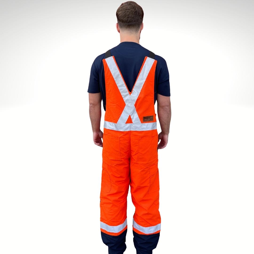 MWG RIPGUARD Men's FR Overalls. FR Overalls are bright orange and navy with silver reflective in an X on back for high-visibility. FR Overalls are made with MWG RIPGUARD, an inherently flame-resistant ripstop fabric. FR Overalls have a warm knit lining for warmth on colder days. FR Overalls have a CAT 3 FR rating.
