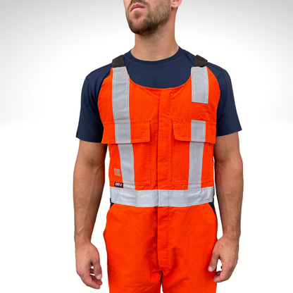 MWG RIPGUARD Men's FR Bib Overall. Men's FR Overall is bright orange and navy with silver reflective striping on torso and legs for high-visibility. FR Overalls have two chest pockets with flaps, two FR leg zippers, and a front FR zipper. FR Overalls have black FR adjustable shoulder straps. FR Overalls are made with MWG RIPGUARD, a flame-resistant ripstop fabric. FR Overalls have a CAT 2 FR rating.