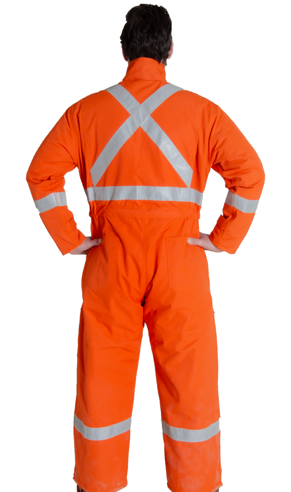 Back view of MWG FR insulated laminated coverall. Back view displays silver reflective X pattern on torso. Silver reflective also seen on arms and legs. FR Coverall is bright orange in colour. Bright orange and silver reflective tape meets CSA Z96-15 high-visibility standard.