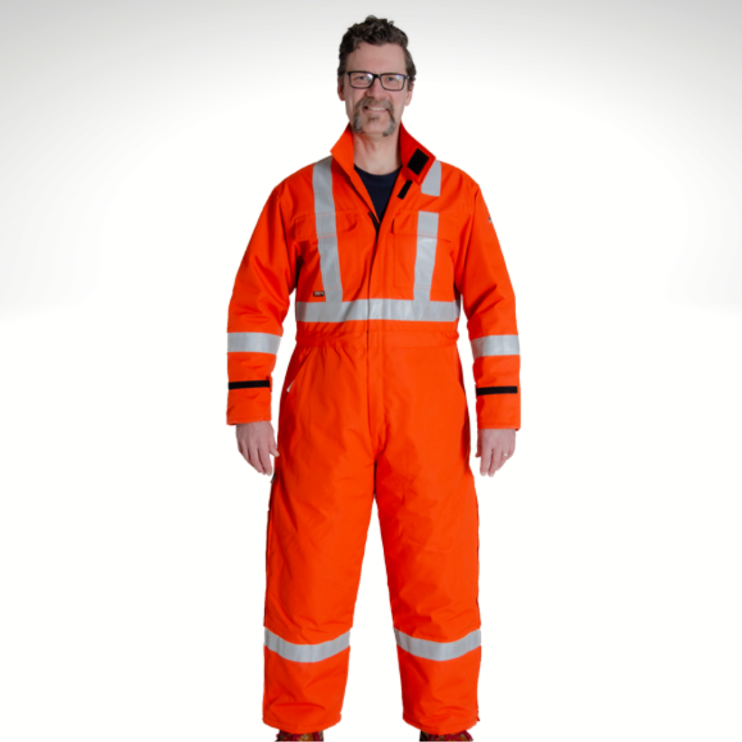 MWG STORMSHIELD Insulated FR Coverall. FR Coveralls are bright orange with silver reflective striping on torso, sleeves, and legs for high-visibility. FR Coveralls have a black FR zipper on front and legs. FR Coveralls are made with MWG STORMSHIELD, flame-resistant waterproof fabric. FR Coveralls have a CAT 4 FR rating and 49 ATPV.