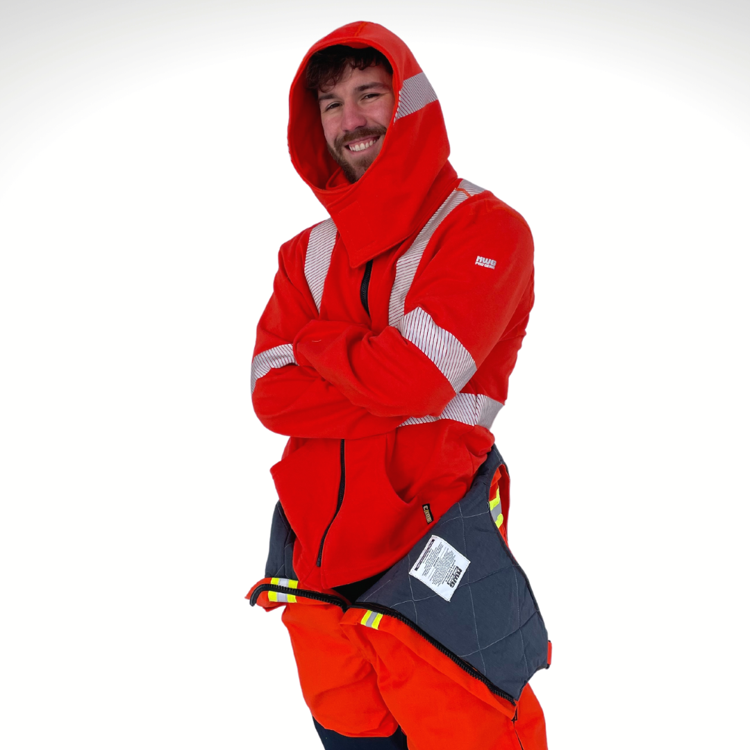 MWG BLOCKER Men's FR Hoodie. Men's FR Zip-Up Hoodie is bright orange. FR Hoodie has segmented silver reflective striping for high-visibility. FR Hoodie has two front pockets and a black FR zipper. FR Hoodie has a detachable hood for safety. FR Hoodie can be zipped into FR jackets for additional warmth. FR Hoodie is made with MWG BLOCKER, an inherent flame-resistant fleece. FR Hoodie has a CAT 3 FR rating.