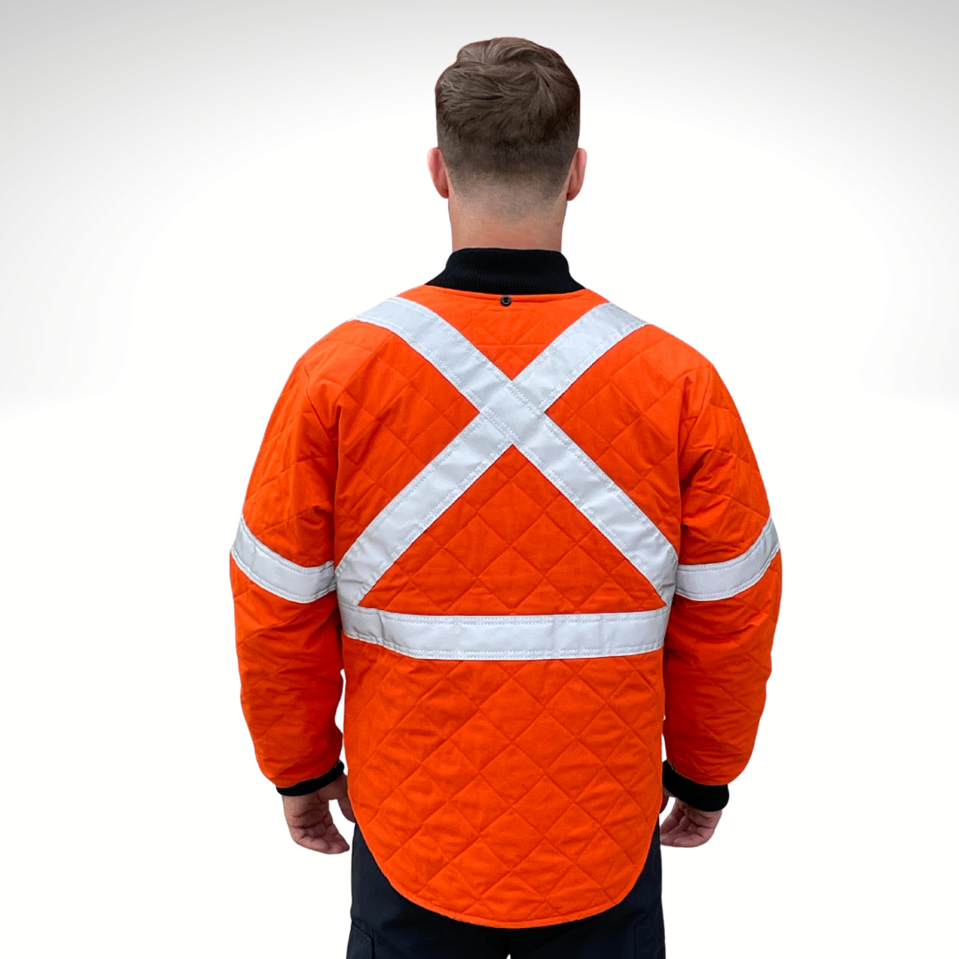 MWG RIPGUARD Men's FR Freezer Jacket. FR Freezer Jacket is bright orange. FR Freezer Jacket has silver reflective striping on torso and sleeves for high-visibility. FR Freezer Jacket has a black FR zipper and black FR cuffs. FR Freezer Jacket is quilted with a 3" diamond quilt. FR Freezer Jacket is made with MWG RIPGUARD, an inherently flame-resistant ripstop fabric. FR Freezer Jacket has a CAT 4 FR rating.