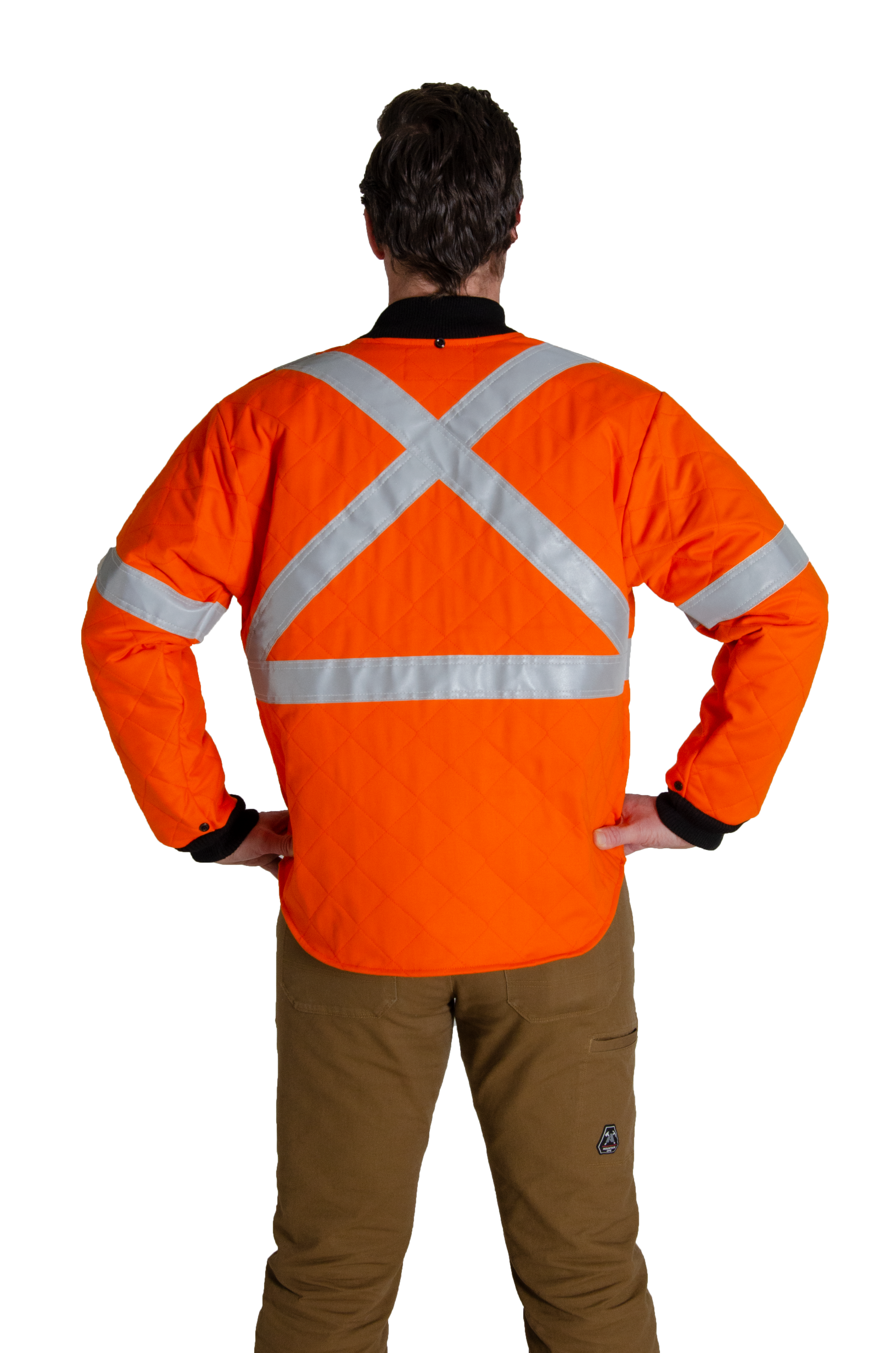 Image of MWG COTTON COMFORT FR/AR Freezer Jacket. Image displays the back of the freezer jacket, with X pattern and horizontal silver reflective tape. Image shows black collar and cuffs and bright orange arms and torso. FR Freezer Jacket is made with MWG COTTON COMFORT, a flame-resistant (FR) cotton.