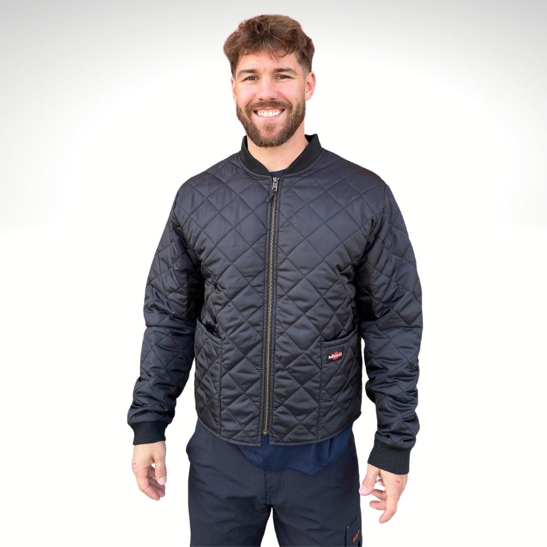 Men's Freezer Jacket. Men's Freezer Jacket is all black with a copper zipper. Freezer Jacket is made with a ripstop fabric for durability. Freezer Jacket has two large pockets on lower torso. Freezer Jacket has an MWG logo on left pocket.