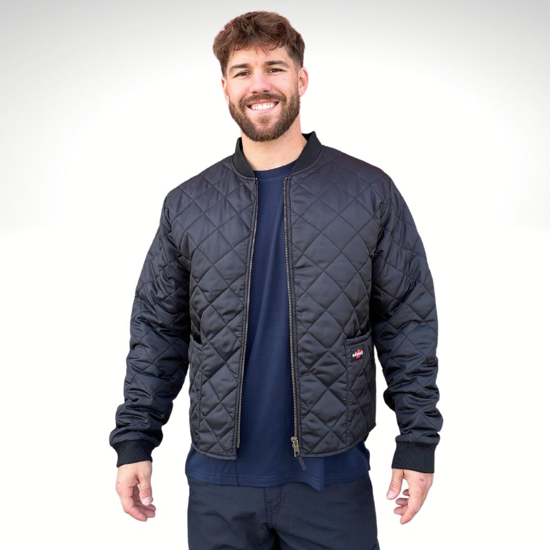 Men's Freezer Jacket. Men's Freezer Jacket is all black with a copper zipper. Freezer Jacket is made with a ripstop fabric for durability. Freezer Jacket has two large pockets on lower torso. Freezer Jacket has a small MWG logo on left pocket.