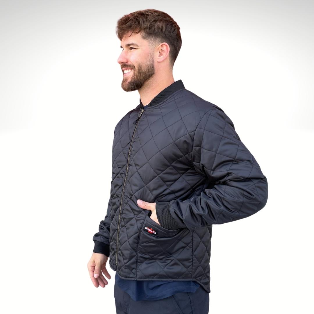 Men's Freezer Jacket. Men's Freezer Jacket is all black with a copper zipper. Freezer Jacket is made with a ripstop fabric for durability. Freezer Jacket has two large pockets on lower torso. Freezer Jacket has an MWG logo on left pocket.