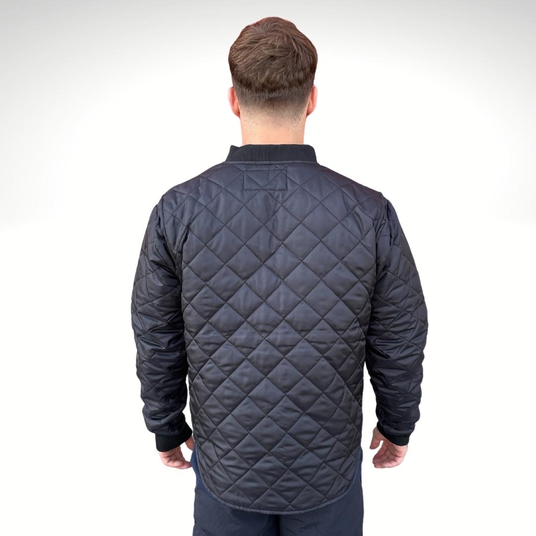 Men's Freezer Jacket. Men's Freezer Jacket is all black with a 3" diamond quilt. Freezer Jacket is made with a ripstop fabric for durability. Freezer Jacket has a black ribbed cuff and collar.