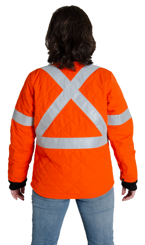 Back view of MWG Women's FR Freezer Jacket. FR freezer jacket is bright orange in colour with 3" diamond quilting. Silver reflective in X pattern on the upper back to meet CSA Z96-15. Women's FR Freezer Jacket is made with an inherent flame-resistant (FR) fabric.