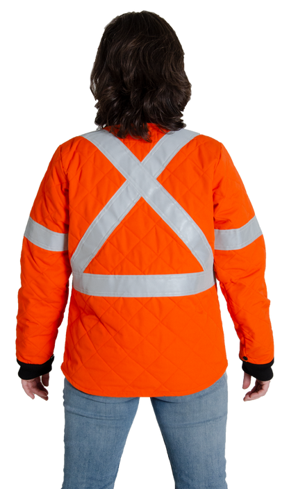 Back view of MWG Women's FR Freezer Jacket. FR freezer jacket is bright orange in colour with 3" diamond quilting. Silver reflective in X pattern on the upper back to meet CSA Z96-15. Women's FR Freezer Jacket is made with an inherent flame-resistant (FR) fabric.