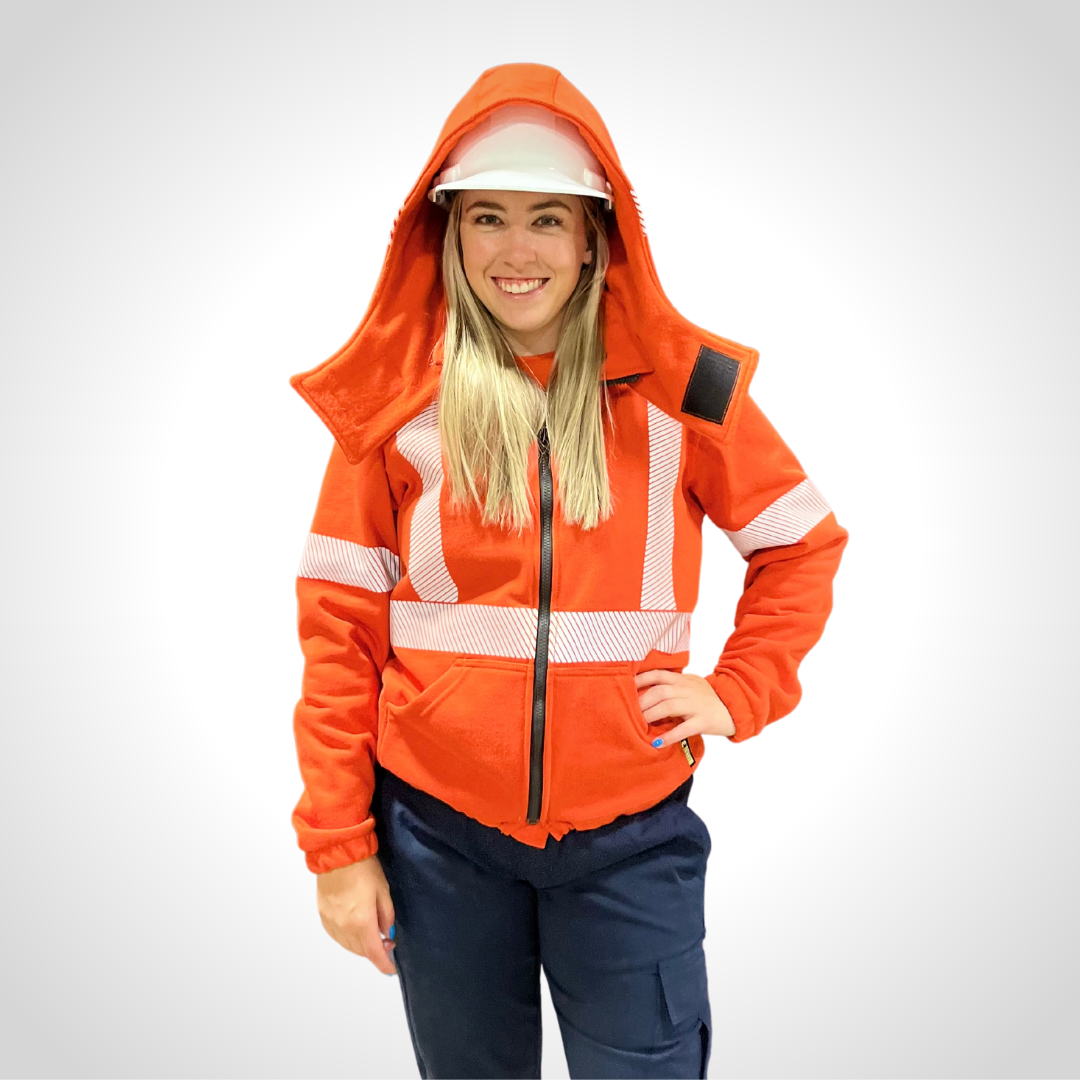 MWG BLOCKER Women's FR Hoodie. Women's FR Hoodie is bright orange with silver FR reflective striping on torso and sleeves for high-visibility. Women's FR Hoodie has a large detachable hood designed to fit over a hard hat. FR Hoodie has two front pockets and black FR zipper. FR Hoodie has a velcro face covering attached to hood.