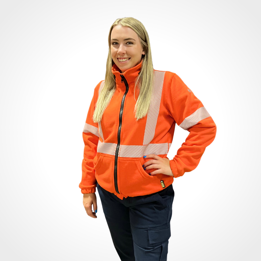 MWG BLOCKER Women's FR Hoodie. Women's FR Hoodie is bright orange with silver FR reflective striping on torso and sleeves for high-visibility. MWG BLOCKER is a heavyweight inherent flame-resistant (FR) fleece. FR Hoodie has two front pockets and a black FR zipper. Women's FR Hoodie comes with a detachable hood, which is not shown in image.