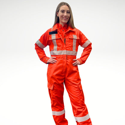 MWG RIPGUARD Women's FR Coverall. Women's FR Coverall is bright orange with silver reflective striping on torso, arms, and legs. Women's FR Coverall is made with an inherently fire resistant ripstop fabric. Fire resistant coverall has a CAT 2 FR rating.