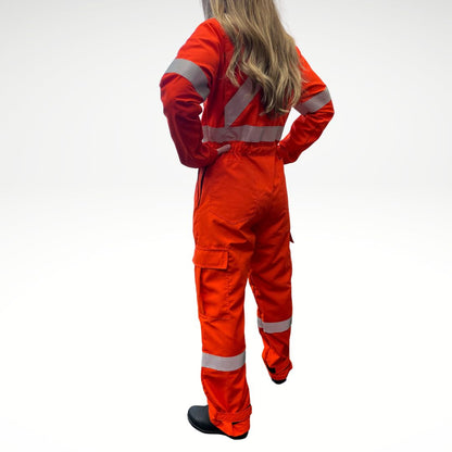 MWG RIPGUARD Women's FR Coverall. Women's FR Coverall is bright orange with silver reflective striping on torso, arms, and legs. Women's FR Coverall is made with an inherently fire resistant ripstop fabric. Fire resistant coverall has a CAT 2 FR rating.