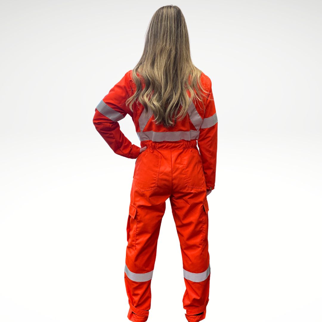 MWG RIPGUARD Women's FR Coverall. Women's FR Coverall is bright orange with silver reflective striping on torso, arms, and legs. Women's FR Coverall is made with an inherently fire resistant ripstop fabric. Fire resistant coverall has a CAT 2 FR rating.