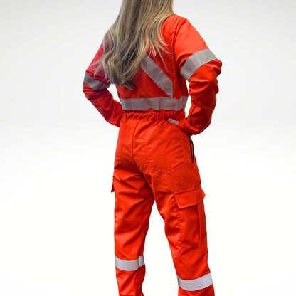 MWG RIPGUARD Women's FR Coverall. Women's FR Coverall is bright orange with silver reflective striping on torso, arms, and legs. Women's FR Coverall is made with an inherently fire resistant ripstop fabric. Fire resistant coverall has a CAT 2 FR rating.
