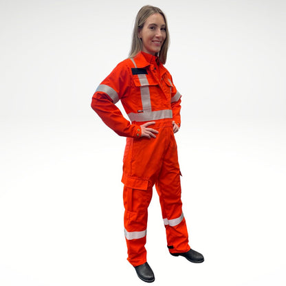 MWG RIPGUARD Women's FR Coverall. Women's FR Coverall is bright orange with silver reflective striping on torso, arms, and legs. Women's FR Coverall is made with an inherently fire resistant ripstop fabric. Fire resistant coverall has a CAT 2 FR rating.