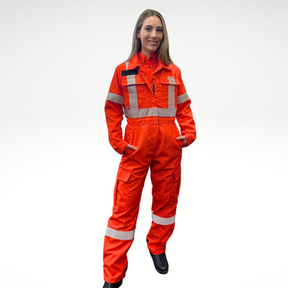 MWG RIPGUARD Women's FR Coverall. Women's FR Coverall is bright orange with silver reflective striping on torso, arms, and legs. Women's FR Coverall is made with an inherently fire resistant ripstop fabric. Fire resistant coverall has a CAT 2 FR rating.