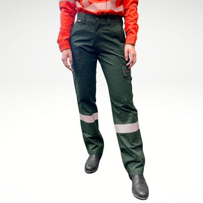 MWG COMFORT WEAVE Women's FR Utility Pants. Women's FR Pants are green in color with silver reflective striping on lower legs for high-visibility. Women's FR Pants are made with inherently fire resistant fabric. Women's FR Pants are CAT 2 FR.
