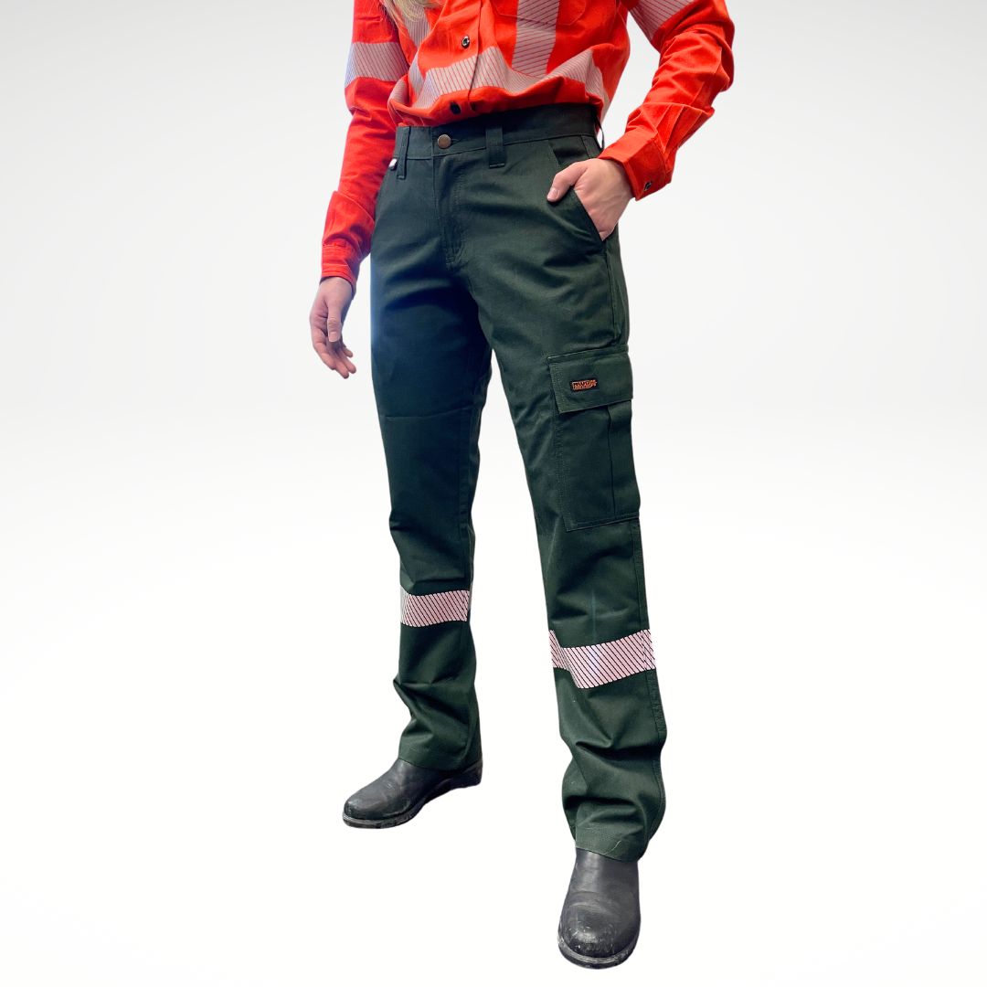 MWG COMFORT WEAVE Women's FR Utility Pants. Women's FR Pants are green in color with silver reflective striping on lower legs for high-visibility. Women's FR Pants are made with inherently fire resistant fabric. Women's FR Pants are CAT 2 FR.