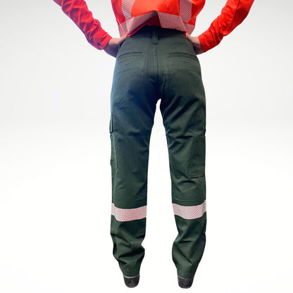 MWG COMFORT WEAVE Women's FR Utility Pants. Women's FR Pants are green in color with silver reflective striping on lower legs for high-visibility. Women's FR Pants are made with inherently fire resistant fabric. Women's FR Pants are CAT 2 FR.