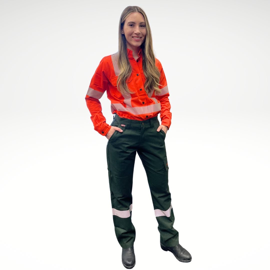 MWG COMFORT WEAVE Women's FR Utility Pants. Women's FR Pants are green in color with silver reflective striping on lower legs for high-visibility. Women's FR Pants are made with inherently fire resistant fabric. Women's FR Pants are CAT 2 FR.