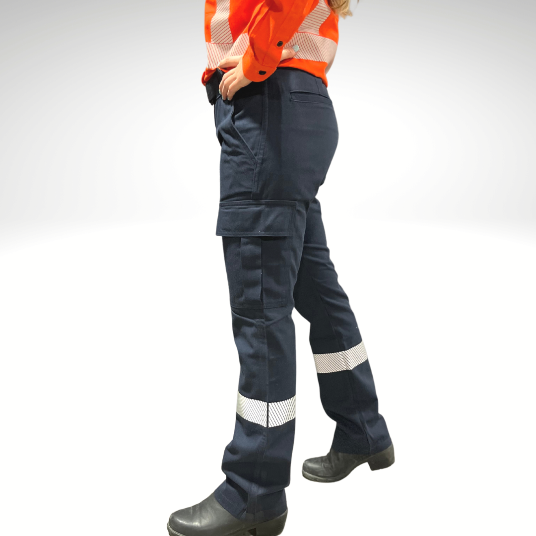 MWG COMFROT WEAVE Women's FR Utility Pants. Women's FR Pants are navy with silver segmented reflective striping on lower legs for high-visibility. MWG COMFORT WEAVE is an inherent flame-resistant (FR) lightweight fabric. Women's FR pant has cargo pocket, utility pocket, tool pocket, two slant hip pockets, and two back welt pockets. Women's FR Pant has a roomy fit allowing for freedom of movement while working.