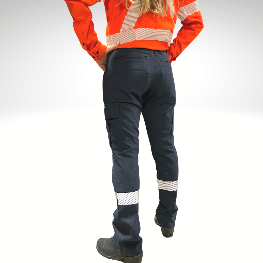 MWG COMFROT WEAVE Women's FR Pants. Women's FR Pants are navy with silver reflective striping on lower legs for high-visibility. MWG COMFORT WEAVE is an inherent flame-resistant (FR) fabric. Women's FR Pants are lightweight and breathable, great for working in warm temperatures.