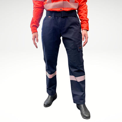MWG FLEXGUARD Women's FR Utility Pant. Women's FR Pants are navy with silver reflective striping on lower leg. Women's FR Pants are built with fire resistant stretch canvas. Women's FR Pants have a cargo pocket on left leg and utility pocket on right leg. Women's FR Pants are CAT 2 FR.
