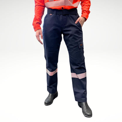MWG FLEXGUARD Women's FR Utility Pant. Women's FR Pants are navy with silver reflective striping on lower leg. Women's FR Pants are built with fire resistant stretch canvas. Women's FR Pants have a cargo pocket on left leg and utility pocket on right leg. Women's FR Pants are CAT 2 FR.