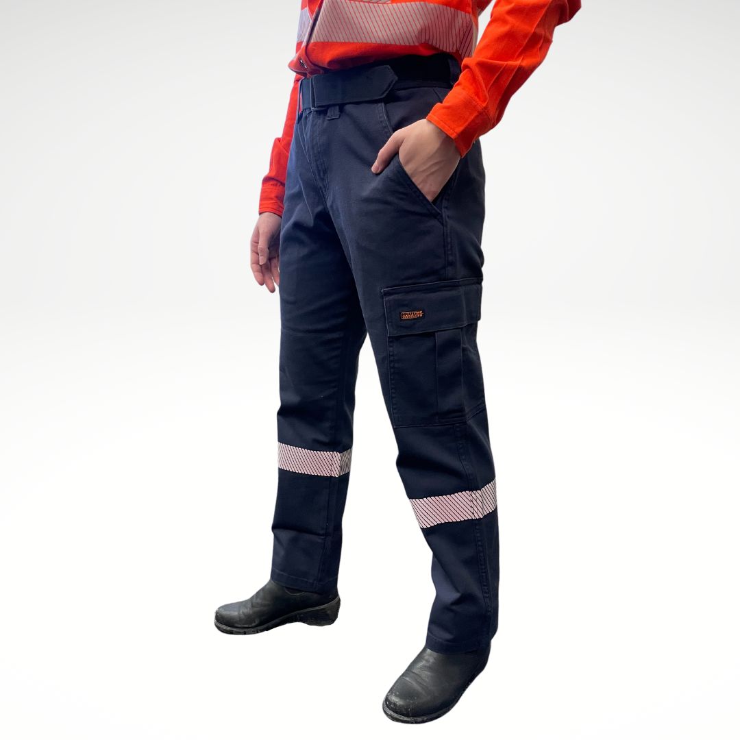 MWG FLEXGUARD Women's FR Utility Pant. Women's FR Pants are navy with silver reflective striping on lower leg. Women's FR Pants are built with fire resistant stretch canvas. Women's FR Pants have a cargo pocket on left leg and utility pocket on right leg. Women's FR Pants are CAT 2 FR.