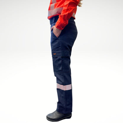 MWG FLEXGUARD Women's FR Utility Pant. Women's FR Pants are navy with silver reflective striping on lower leg. Women's FR Pants are built with fire resistant stretch canvas. Women's FR Pants have a cargo pocket on left leg and utility pocket on right leg. Women's FR Pants are CAT 2 FR.
