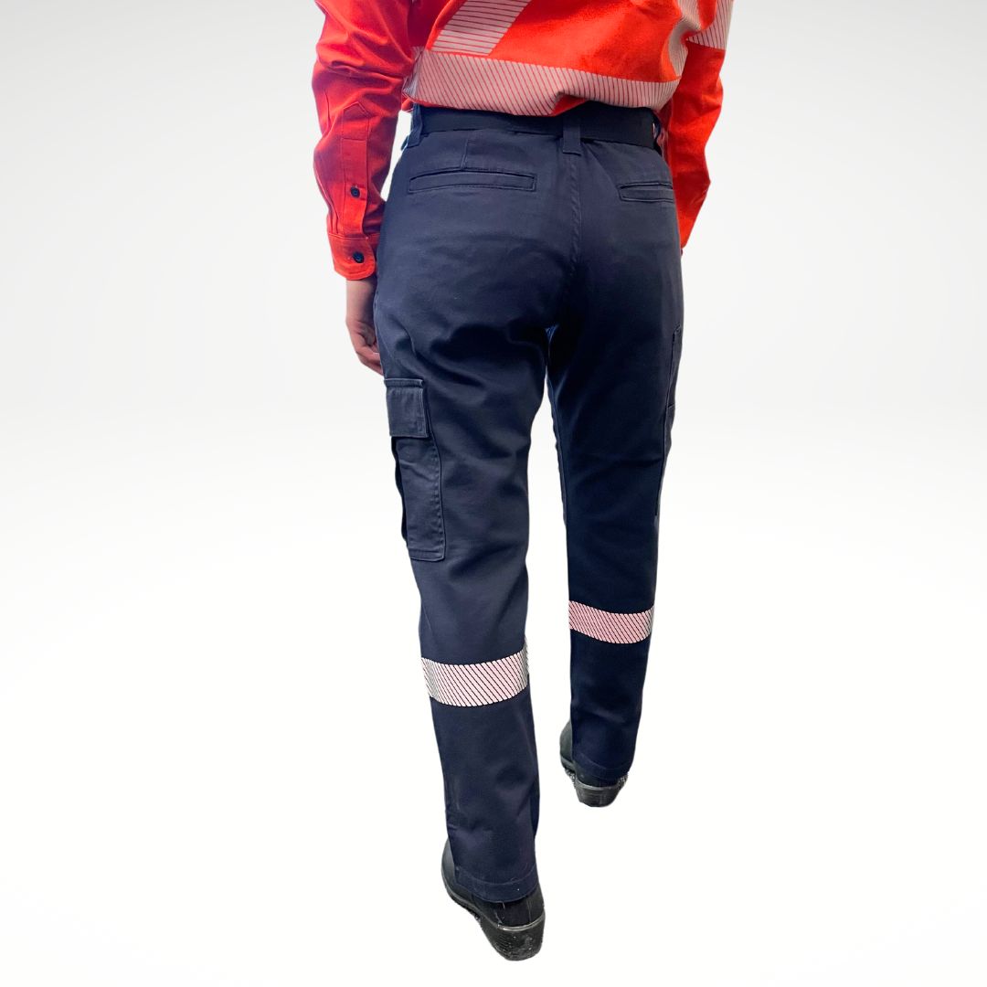MWG FLEXGUARD Women's FR Utility Pant. Women's FR Pants are navy with silver reflective striping on lower leg. Women's FR Pants are built with fire resistant stretch canvas. Women's FR Pants have a cargo pocket on left leg and utility pocket on right leg. Women's FR Pants are CAT 2 FR.