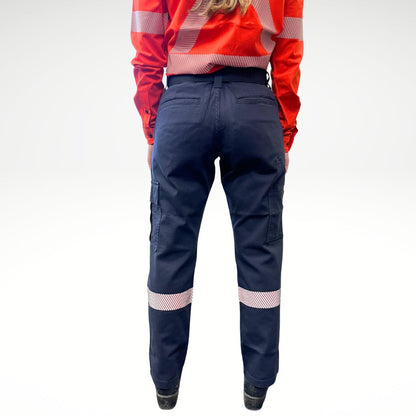 MWG FLEXGUARD Women's FR Utility Pant. Women's FR Pants are navy with silver reflective striping on lower leg. Women's FR Pants are built with fire resistant stretch canvas. Women's FR Pants have a cargo pocket on left leg and utility pocket on right leg. Women's FR Pants are CAT 2 FR.