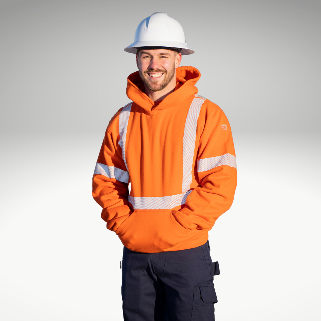 Image of MWG COTTON COMFORT FR/AR Pullover Hoodie. FR/AR Hoodie is bright orange with silver segmented reflective for high-visibility. MWG COTTON COMFORT is a treated cotton flame-resistant fabric. MWG COTTON COMFORT is an affordable FR clothing option.