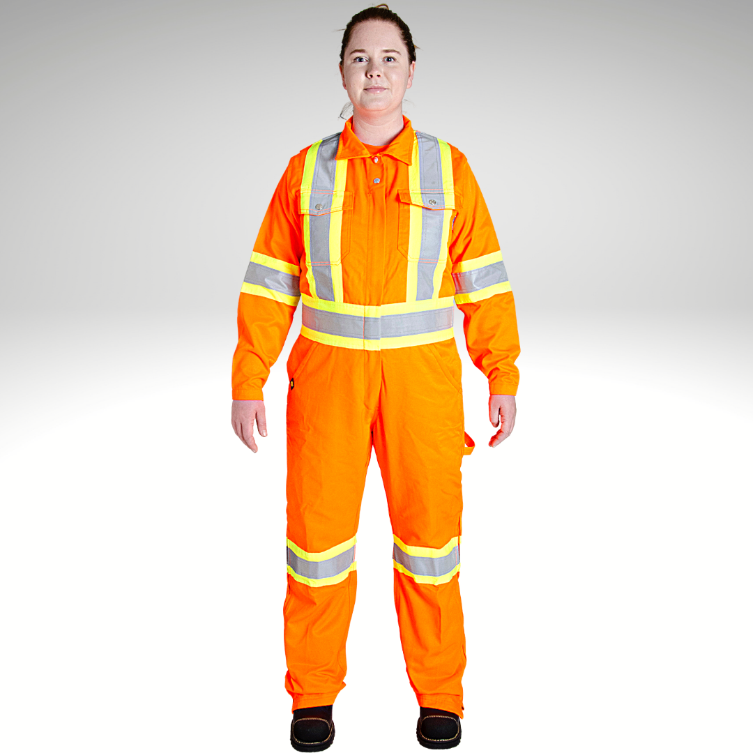 Image of MWG Women's Hi-Vis Coverall. Women's Hi-Vis coverall is bright orange with yellow/silver/yellow reflective striping on torso, sleeves, and legs. Women's coverall has two large breast pockets and a dress-shirt style collar. Coverall is designed in a women's fit for more comfort.
