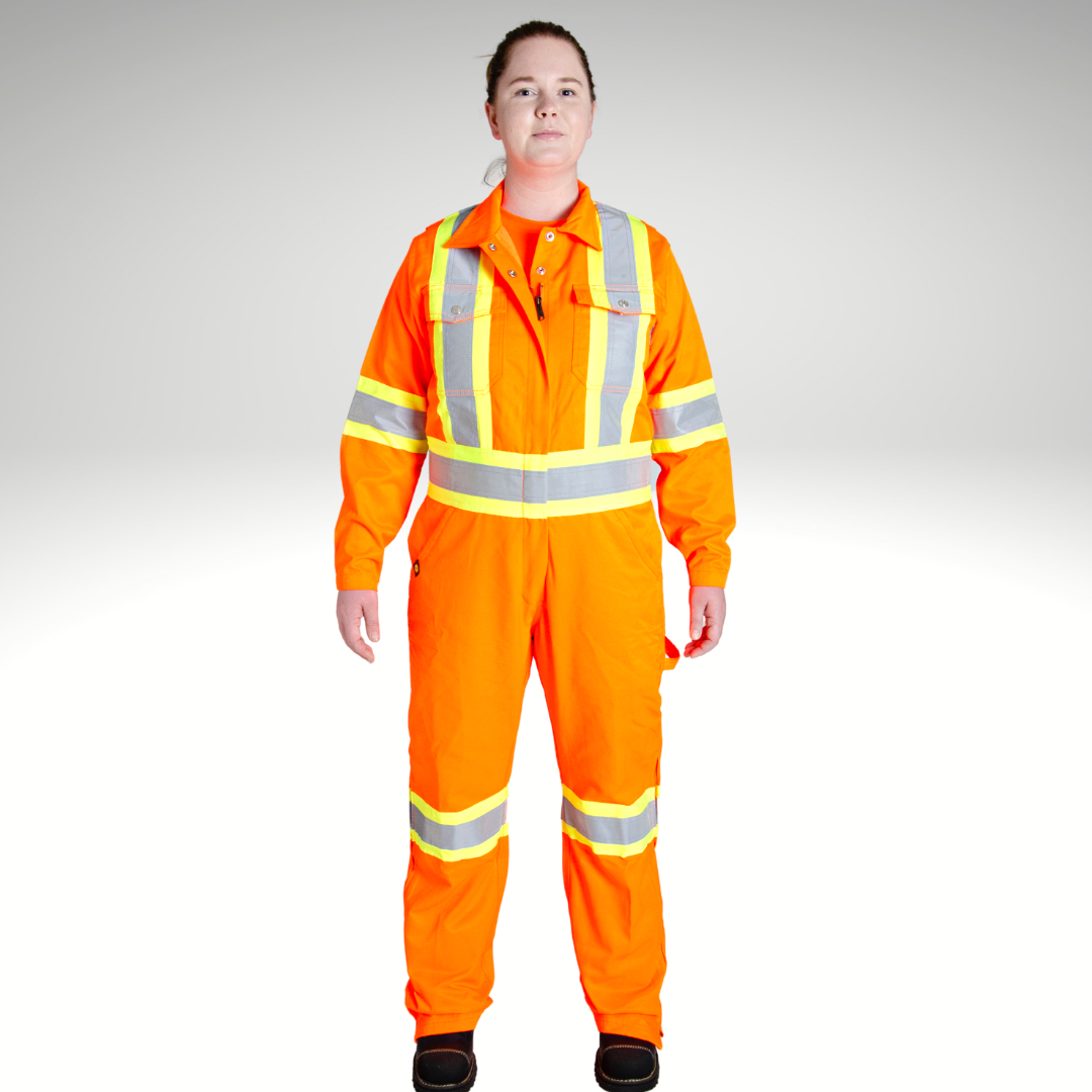 Image of MWG Women's Hi-Vis Coverall. Women's Hi-Vis coverall is bright orange with yellow/silver/yellow reflective striping on torso, sleeves, and legs. Women's coverall has two large breast pockets and a dress-shirt style collar. Coverall is designed in a women's fit for more comfort.