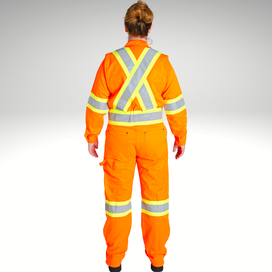 Back view of MWG Women's Hi-Vis Coverall. Women's Hi-Vis Coverall is bright orange with yellow/silver/yellow reflective striping in an X on upper back, and bands around sleeves and legs. There are two large back pockets on butt and a tool loop on left hip. 