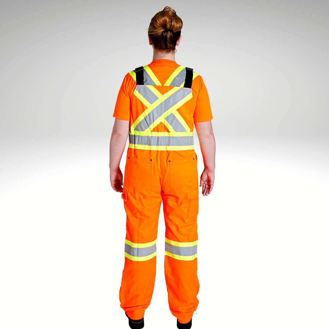 Image of MWG Women's Hi-Vis Unlined Bib Overalls. Back view displays yellow/silver/yellow reflective striping in an X on upper back. Yellow/silver/yellow hi-viz bands on legs. Two large back pockets on butt and pocketing on side legs. 