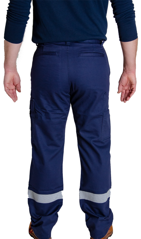 MWG COMFORT WEAVE Men's FR Pants. FR Pants are navy with silver segmented reflective stripe on lower leg for high-visibility. FR Pants have cargo pocket on left leg, tool pocket on right leg, and two back welt pockets. FR Pants are made with MWG COMFROT WEAVE, an inherently flame-resistant lightweight fabric. FR Pants are lightweight and breathable, perfect for working in the heat.
