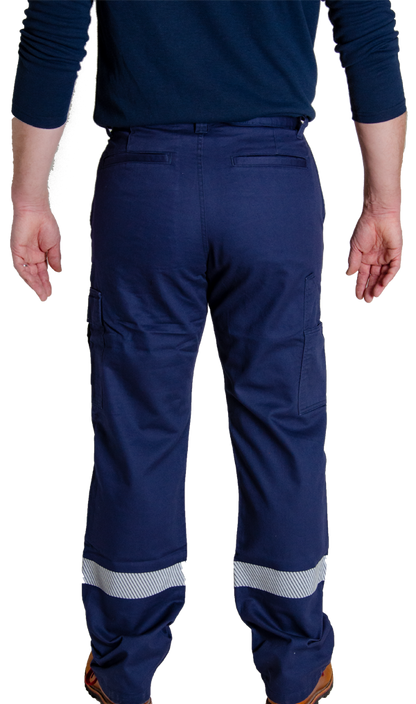MWG COMFORT WEAVE Men's FR Pants. FR Pants are navy with silver segmented reflective stripe on lower leg for high-visibility. FR Pants have cargo pocket on left leg, tool pocket on right leg, and two back welt pockets. FR Pants are made with MWG COMFROT WEAVE, an inherently flame-resistant lightweight fabric. FR Pants are lightweight and breathable, perfect for working in the heat.