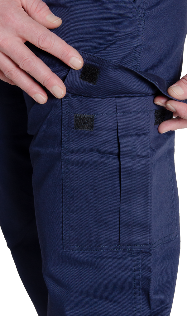 MWG COMFORT WEAVE Men's FR Pants. FR Pants are navy and image displays cargo pocket with flap on left leg. MWG COMFORT WEAVE is an inherent flame-resistant fabric. Lightweight and breathable, perfect FR pant for the summer.