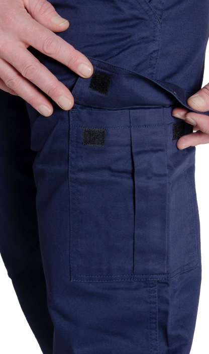 MWG COMFORT WEAVE Men's FR Pants. FR Pants are navy and image displays cargo pocket with flap on left leg. MWG COMFORT WEAVE is an inherent flame-resistant fabric. Lightweight and breathable, perfect FR pant for the summer.
