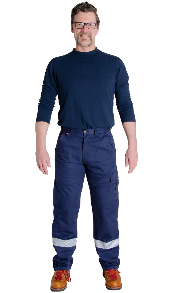 MWG COMFORT WEAVE Men's FR Pants. FR Pants are navy in colour with silver segmented reflective stripe on lower leg for high-visibility. FR Pants have a cargo pocket, tool pockets, hip pockets, and back welt pockets. FR Pants are made with MWG COMFORT WEAVE, an inherently flame-resistant fabric. FR Pants are lightweight and breathable, perfect for hot weather.