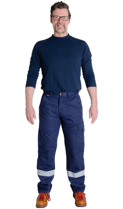 MWG COMFORT WEAVE Men's FR Pants. FR Pants are navy in colour with silver segmented reflective stripe on lower leg for high-visibility. FR Pants have a cargo pocket, tool pockets, hip pockets, and back welt pockets. FR Pants are made with MWG COMFORT WEAVE, an inherently flame-resistant fabric. FR Pants are lightweight and breathable, perfect for hot weather.
